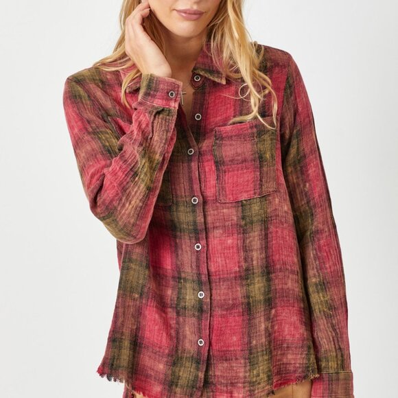 MYSTREE Plaid Button-Up Flannel Shirt, Red Olive Check Long Sleeve Top - Picture 2 of 8